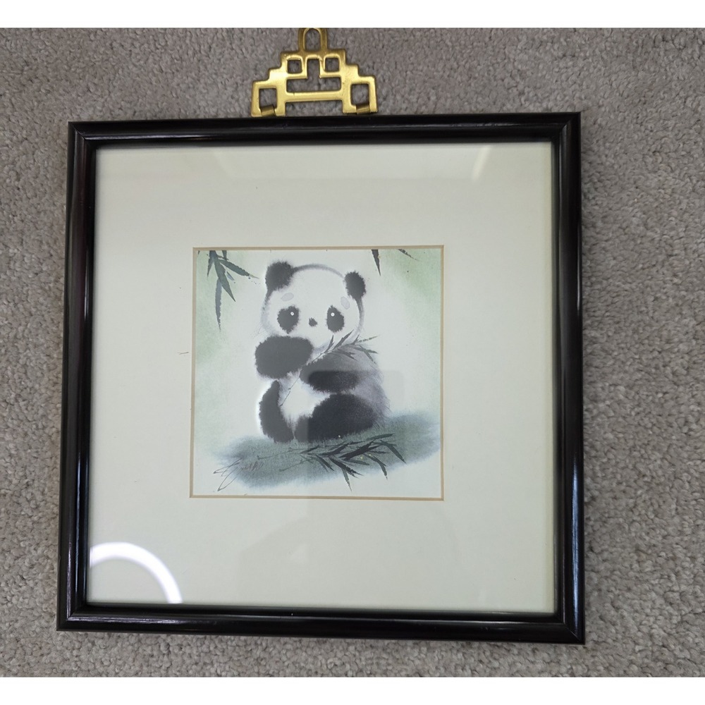 Vintage Set of 3 Framed Panda Prints Chinoiserie Brass Pagoda Hanger 8x8 zoocore - Picture 9 of 16